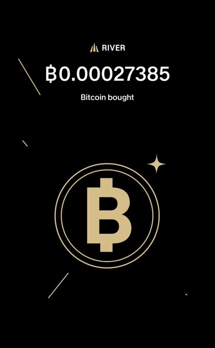 A 'RIVER' app notification showing a Bitcoin purchase of ₩0.00027385, with a gold Bitcoin coin on a black background.