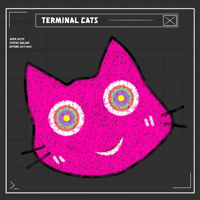 A pixel-art style illustration of a bright pink cat face with rainbow eyes on a dark terminal-style background with the text 'TERMINAL CATS', 'USER: KITTY', and 'STATUS: ONLINE'.
