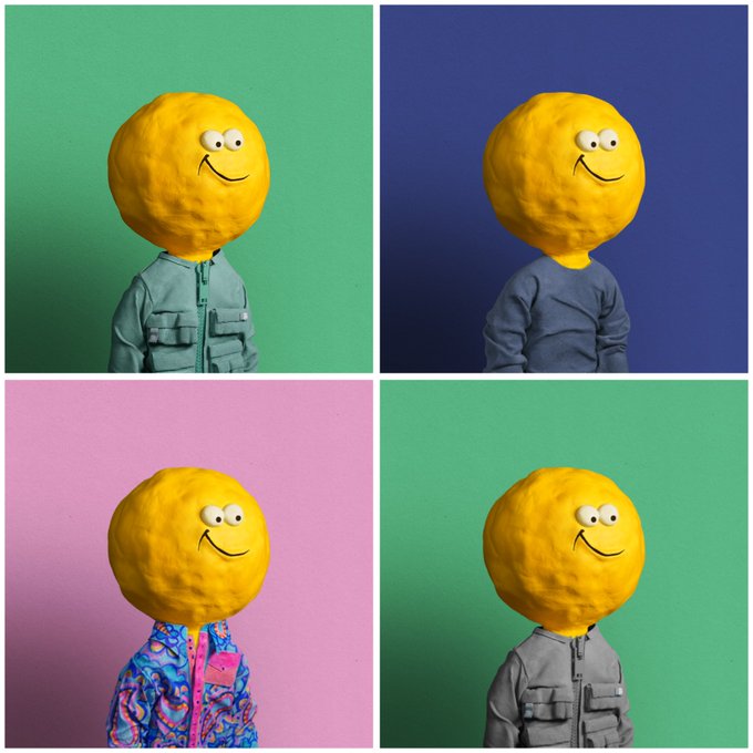 A four-panel grid shows a smiling yellow spherical-headed figure in different outfits against varying colored backgrounds (green, blue, pink, and green), illustrating the variety within the collection referenced in the caption.