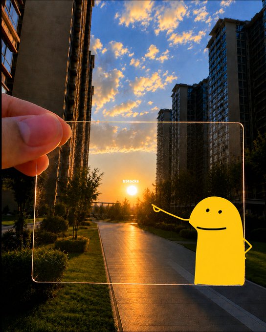 A photograph of a hand holding a clear square frame against a sunset city street, creating a framed view of the sun and clouds, with a yellow cartoon blob character overlaid pointing at the sun.