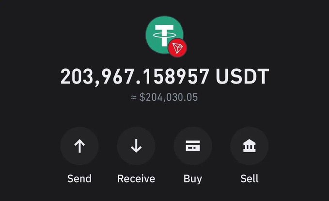 Cryptocurrency wallet screenshot showing a balance of 203,967.158957 USDT (≈ $204,030.05) on the TRON network with Send, Receive, Buy, and Sell options.