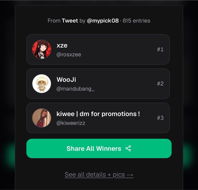 A screenshot of a Tweepi retweet contest results page from @mypick08 showing 615 entries, with winners: #1 xze (@rosxzee), #2 WooJi (@mandubang_), and #3 kiwee (@kiweerizz).