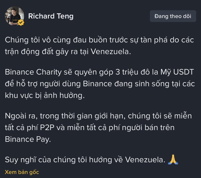 The image shows a Vietnamese-language social media post by Richard Teng announcing Binance Charity's $3 million USDT donation to support Binance users affected by earthquakes in Venezuela, along with waived P2P and Binance Pay seller fees.