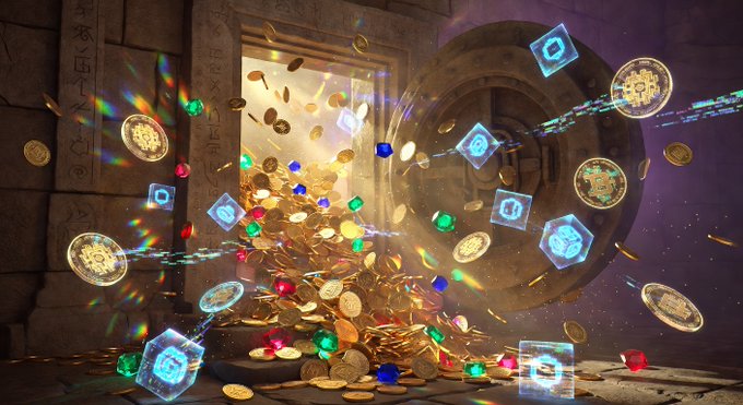 A digital fantasy illustration showing a treasure vault bursting open with gold coins, colorful gems, and glowing blue blockchain/crypto symbols emerging from a stone doorway.