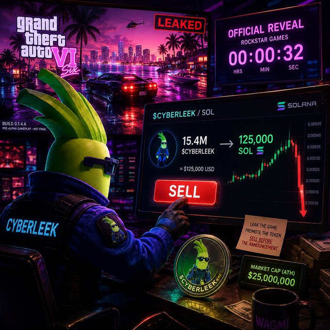 A promotional graphic for 'GTA VI' styled as 'Grand Theft Auto Six' features a 'LEAKED' label, a 'CYBERLEEK' cryptocurrency mascot character pressing a 'SELL' button, and an 'OFFICIAL REVEAL' countdown timer by Rockstar Games, alongside Solana token information and a market cap of $25,000,000.