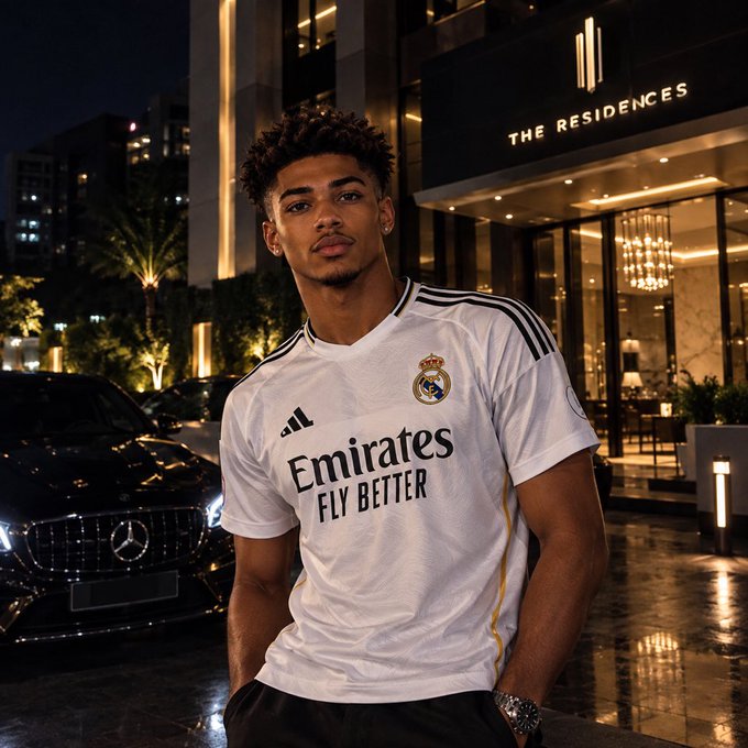 A young man with curly hair stands outdoors at night wearing a white Real Madrid 'Emirates Fly Better' jersey, with 'THE RESIDENCES' visible in the background.