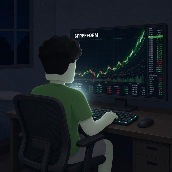 An illustration of someone trading the '$FREEFORM' cryptocurrency on a computer, with the chart showing a dramatic upward price movement in green.