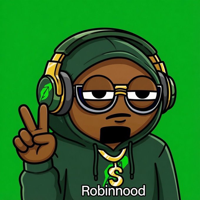 A cartoon character wearing headphones, glasses, and a green hoodie makes a peace sign, with 'Robinnhood' and a dollar sign necklace below.