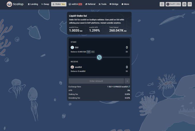 A screenshot of the Scallop cryptocurrency platform's website showing a 'Liquid Stake Sui' interface with statistics like 'Total Value $1.0035', 'APR 1.299%', and 'Total Stake 260.047K SUI', against an underwater-themed background with jellyfish illustrations.