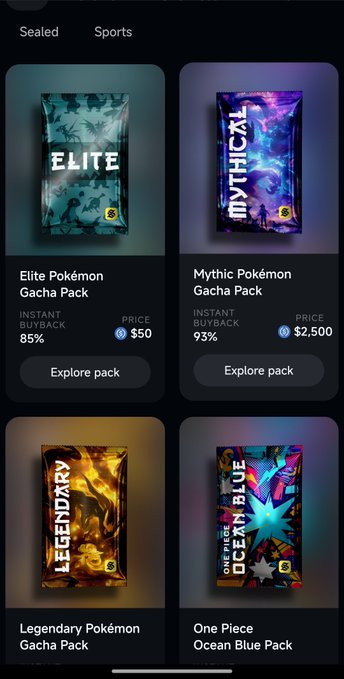 A mobile app screen showing Sealed and Sports tabs with digital collectible packs: Elite Pokémon ($50), Mythical Pokémon ($2,500), Legendary Pokémon, and a One Piece Ocean Blue Pack, each with an 'Explore pack' button.