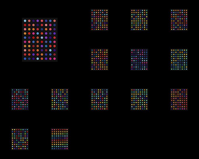 A grid layout of twelve small canvases displaying multicolored dot patterns on black backgrounds, with one enlarged sample in the upper left.