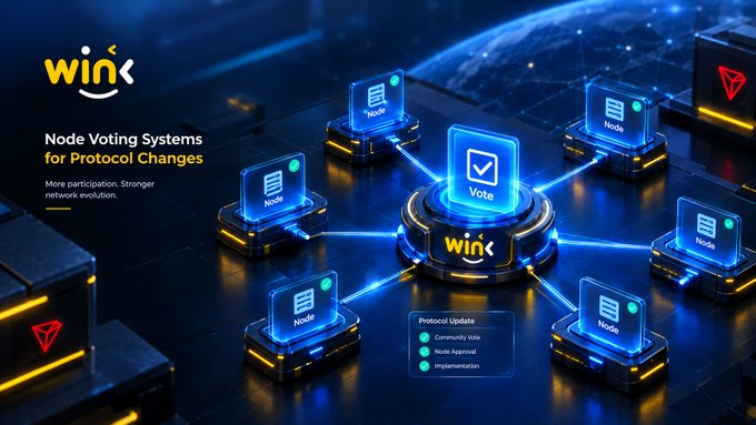 A futuristic graphic displays 'wink' branded 'Node Voting Systems for Protocol Changes' with 'More participation. Stronger network evolution,' showing interconnected nodes around a central 'Vote' hub.