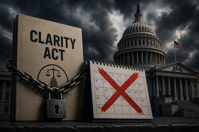 A dramatic composite image features a book labeled 'CLARITY ACT' chained and padlocked next to a calendar marked with a large red X, set against a stormy sky and the U.S. Capitol building.