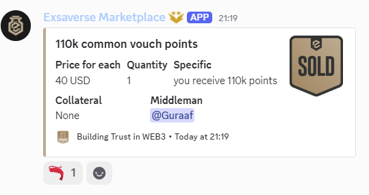 A Discord message from 'Exsaverse Marketplace' showing a sold listing for '110k common vouch points' for 40 USD with middleman @Guraaf.