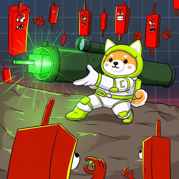 A cartoon Shiba Inu astronaut named "ASTEROID," wearing a white and green spacesuit, wields a massive green laser cannon while standing triumphantly on an asteroid, surrounded by menacing red popsicle-stick-like enemies with angry faces. The image vividly brings the post's message to life, depicting $ASTEROID as a fierce, dominant force blasting through its adversaries to claim the meme coin space.