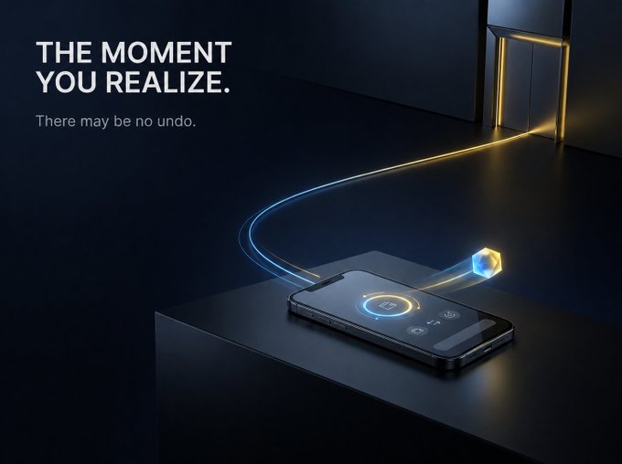 A promotional graphic featuring a smartphone on a dark surface with the text 'THE MOMENT YOU REALIZE. There may be no undo.' alongside glowing light effects.