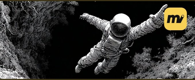 An astronaut floats in a black-and-white cosmic scene with arms outstretched, overlaid with a yellow "mv" logo, symbolizing the bold, space-faring journey of users exploring the @moovexyz ecosystem and reaching milestones like the $10,000 trading volume.