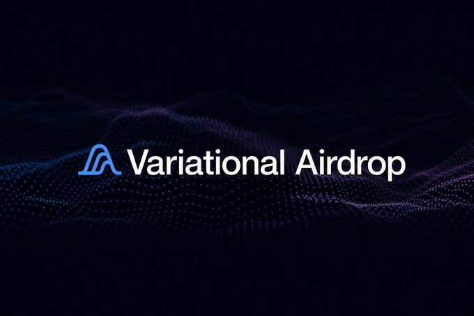 A dark digital-themed graphic displaying the 'Variational Airdrop' logo with a blue stylized 'A' symbol against a purple particle wave background.