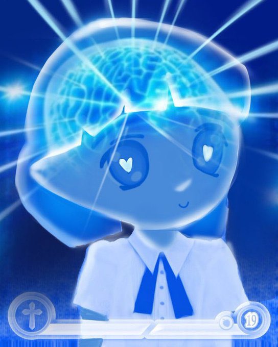 A blue-tinted illustration of an anime-style character with heart-shaped eyes wearing a clear helmet that reveals a glowing brain with light rays emanating from it.