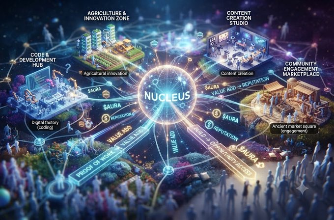 A vibrant digital ecosystem illustration titled "NUCLEUS" at its center connects four interconnected hubs—Agriculture & Innovation Zone, Content Creation Studio, Code & Development Hub, and Community Engagement Marketplace—through glowing pathways labeled with "$AURA" currency, "VALUE ADD," and "REPUTATION," visualizing how active participation and measurable contributions drive a tokenized reputation system. The image reinforces the post's message by depicting a merit-based economy where only those delivering real work—such as agricultural innovation or coding in a "digital factory"—earn reputation and rewards, contrasting genuine builders with passive hype-seekers.