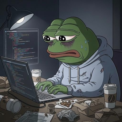 A cartoon illustration of a sad, tired Pepe the Frog character in a hoodie working on a laptop with code on the screen, surrounded by coffee cups, takeout boxes, and a messy desk.