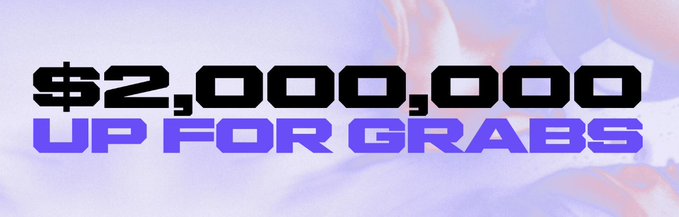 The image features a banner with text that reads "Up for grabs" written in black, purple, and white colors. The text is positioned at the top of the image, drawing attention to the phrase. Below this, there are two dollar signs, indicating that the text is related to an up-for- grabs campaign or a rewards program. The banner also includes a link to a post on social media where users can learn more about the campaign and participate in it.