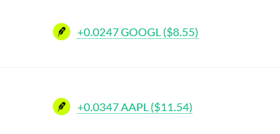 The image displays two small financial ticker entries showing positive gains: "+0.0247 GOOGL ($8.55)" and "+0.0347 AAPL ($11.54)," each with a small icon resembling a pickaxe or tool. These stock-like rewards visually represent the passive income earnings the post promises loyal NFT holders through their upcoming LP Farming Agent.