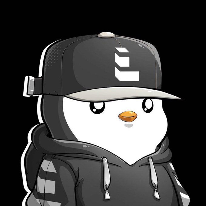 A cartoon penguin mascot wearing a black and grey baseball cap and hoodie with white drawstrings, featuring a stylized white logo on the cap.