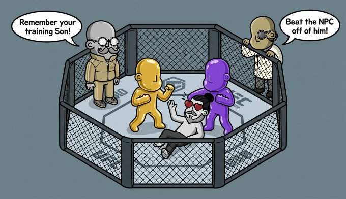 A cartoon-style illustration of an MMA octagon where two generic yellow and purple fighters face off against a fallen opponent with heart-eyes sunglasses, while two corner trainers shout 'Remember your training Son!' and 'Beat the NPC off of him!'.