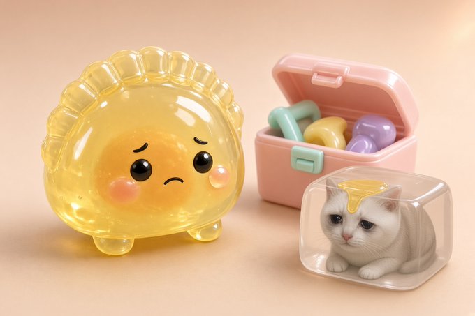 A sad-faced yellow jelly character stands next to a pink container of pastel-colored jellies and a white cat trapped under a clear glass dome.