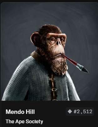 An NFT character profile featuring a 3D-rendered ape wearing a blue knitted sweater and smoking a cigar. The text identifies it as "Mendo Hill" from "The Ape Society" with token #2,512.