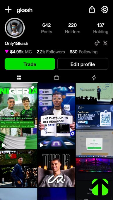 A mobile crypto profile for “gkash” / “Only1Gkash” shows 642 posts, 220 holders, 137 holding, a $4.99K market cap, 2.2K followers, and 680 following, with a green Trade button and a grid of posts.