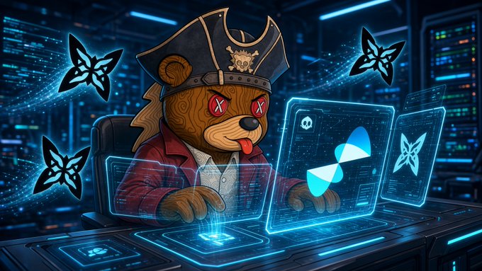 A cartoon bear pirate with glowing red "X" eyes sits at a high-tech workstation, its tongue hanging out as it interacts with holographic blue interfaces displaying app icons and butterfly motifs, set against a futuristic server room backdrop. The image playfully personifies automated or "papercut" trading bots stalking on-chain activity, mirroring the post's description of risk-free, peer-to-peer paper swaps on QuipSwap without real capital.