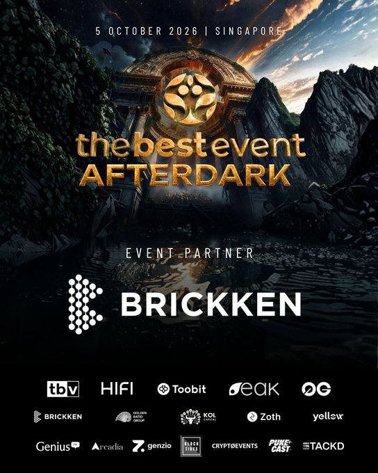 Promotional poster for "the best event AFTERDARK" on 5 October 2026 in Singapore, featuring Brickken as an Event Partner. The image showcases the event's dramatic branding alongside numerous sponsor logos (tbv, HIFI, Toobit, EDK, etc.), while the accompanying caption highlights Brickken's milestone of tokenizing over $660 million in assets for 150+ clients across 40+ countries following a €3M pre-Series A funding round for international expansion.
