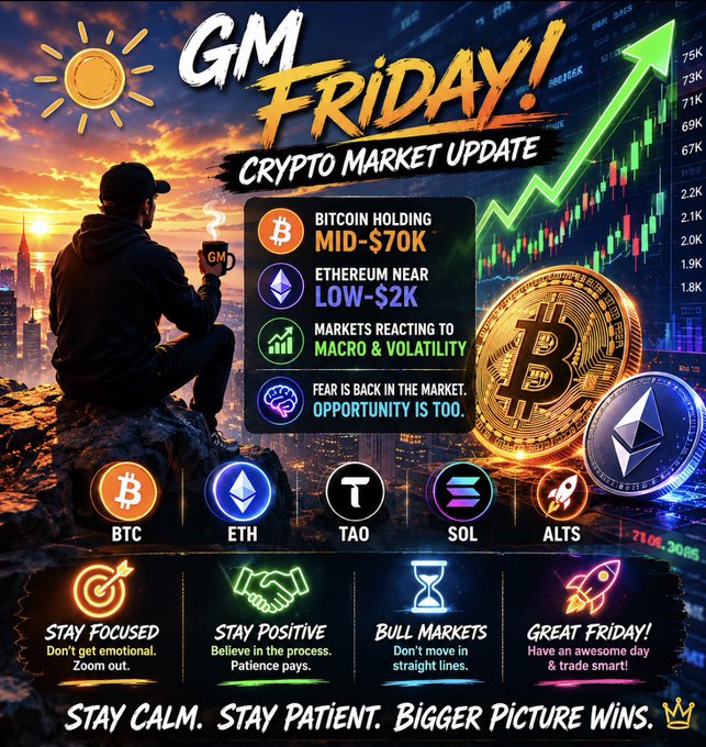 The image shows a man sitting on a rock with his back to the camera, holding a cup of coffee. The background features an upward-pointing arrow and various symbols related to cryptocurrency markets. The caption reads "GM Friday! Crypto market update", indicating that this is a post about the crypto market updates for GM Friday.