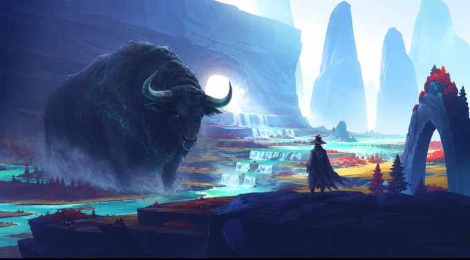 A digital artwork featuring a massive dark buffalo with glowing blue markings facing a lone cloaked figure in a vibrant fantasy landscape with waterfalls and jagged peaks.