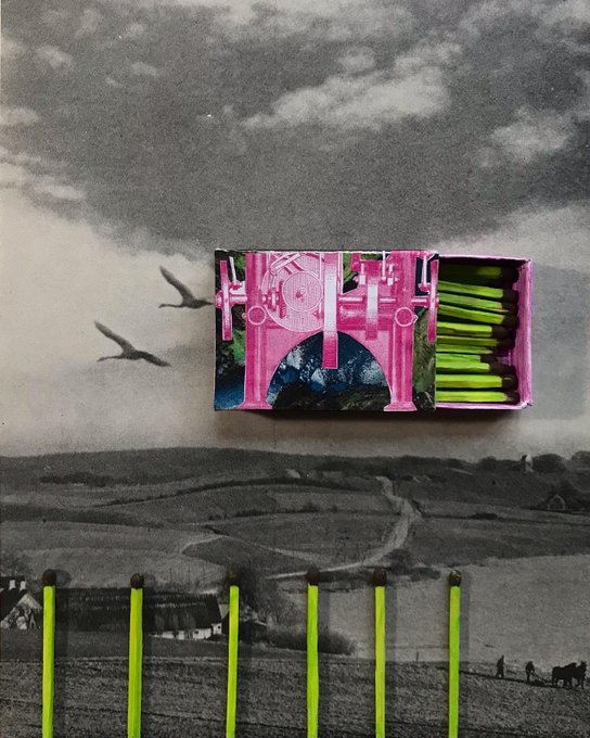 A matchbox with a colorful pink label featuring an architectural arch design, displayed on a black-and-white photograph of a rural landscape with birds in flight and bright yellow matchsticks arranged below.
