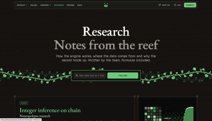 A website header titled 'Research Notes from the reef' about how the engine works, with a 'FOLLOW' button.