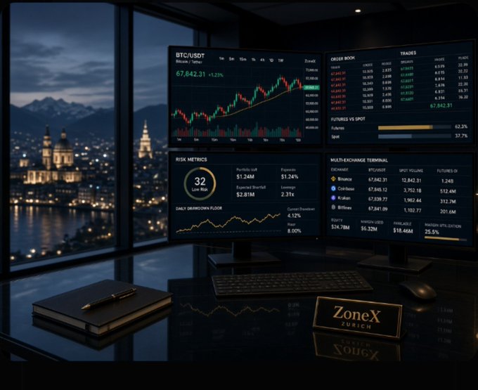 A dark office scene with multiple monitors displaying cryptocurrency trading data including 'BTC/USDT' at 67,842.31, 'RISK METRICS', and 'MULTI-EXCHANGE TERMINAL' information, with a nameplate reading 'ZoneX ZURICH' on a desk overlooking a city skyline at night.