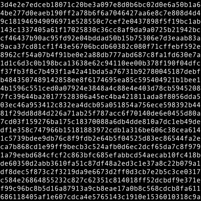 A block of hexadecimal text on a black background, appearing to be a hash or cryptographic code.