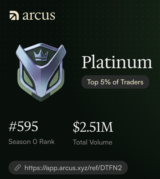 A "Platinum" tier badge from Arcus showing a rank of #595 in Season 0 with $2.51M total trading volume, placing the user in the top 5% of traders, along with the referral link app.arcus.xyz/ref/DTFN2.