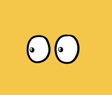 A simple cartoon illustration of two large white eyes with black pupils on a solid yellow background.