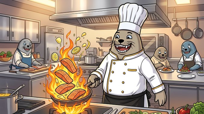 A cartoon illustration of seals in chef outfits in a kitchen, with the central seal flambéing food in a flaming pan.