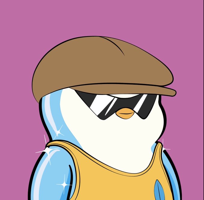 A cartoon penguin wearing a brown cap, black sunglasses, and a yellow tank top stands against a purple background.