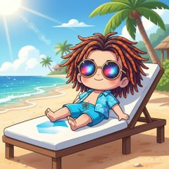 A cartoon illustration shows a person with dreadlocks and sunglasses lounging on a beach chair on a tropical beach.