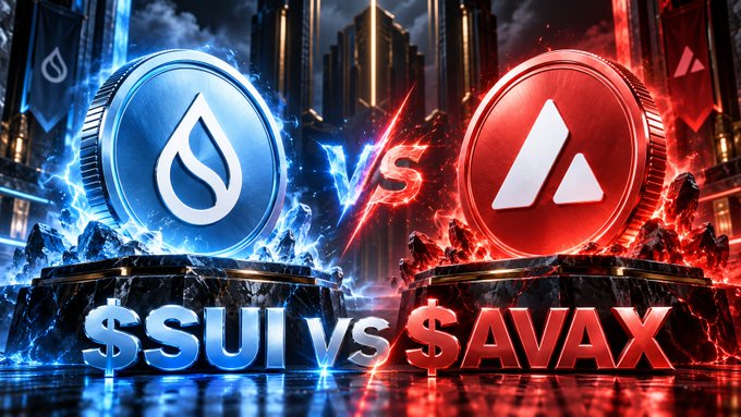A dramatic promotional graphic depicting a battle between two cryptocurrency tokens, with the SUI coin in blue on the left facing off against the AVAX coin in red on the right, labeled "$SUI vs $AVAX".