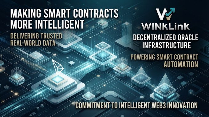 A promotional graphic for WINkLink featuring a futuristic circuit board design with text reading 'MAKING SMART CONTRACTS MORE INTELLIGENT,' 'DELIVERING TRUSTED REAL-WORLD DATA,' and 'DECENTRALIZED ORACLE INFRASTRUCTURE POWERING SMART CONTRACT AUTOMATION.'