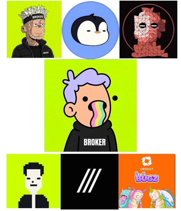 A 3x3 grid collage showcases various NFT character designs, including "BROKER"-branded figures like a spiked-haired ape and a rainbow-vomiting avatar, alongside a pixelated face, a triangular logo, and the colorful "UNVAULT BUGZ" collection featuring cartoon monsters. The images visually correspond to the featured NFT mints, highlighting BrokerDoodles and Unvault Bugz as part of the August 19 giveaway.