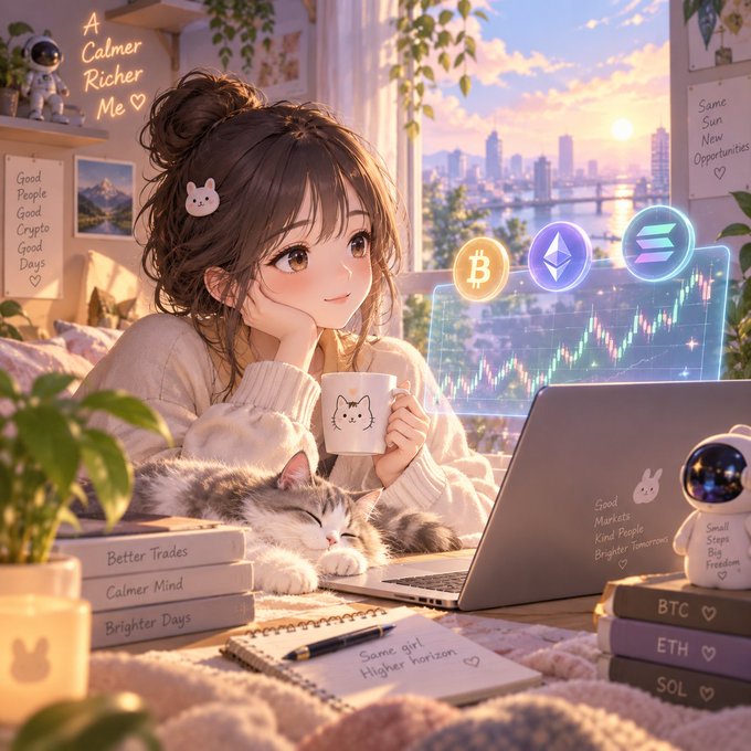 An anime-style illustration of a girl with a laptop and cat in a cozy room with cryptocurrency icons (Bitcoin, Ethereum, Solana), a city view, and motivational text including "A Calmer Richer Me" and "Good People Good Crypto Good Days".