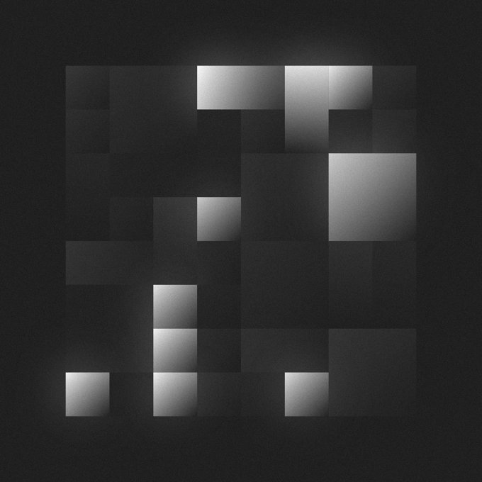 A heavily pixelated black and gray image with various shaded squares and gradients, obscuring any discernible subject.